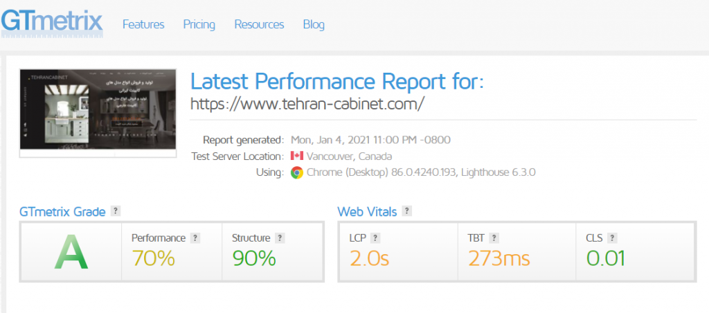 گزارش سرعت سایت تهران کابینت